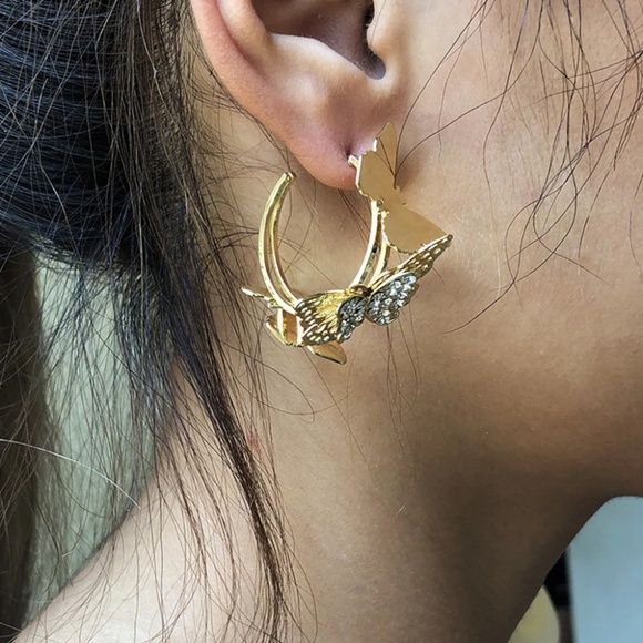 Butterflies 3D Hoop Earrings, Gold Earrings,Butterfly Earrings - Picture 6 of 6